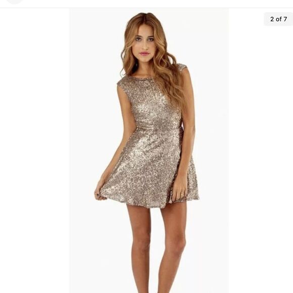 Tobi Low Back Vina Matte Gold Skater Dress XS - Picture 1 of 12